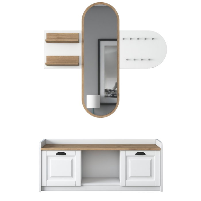 Hanah Home EE101 - 1983 Recibidor Blanco y Nogal con Almacenamiento y Espejo. Mueble de Entrada. Ancho 120cm, Alto 45cm, Profundidad 40cm. Elegante y Funcional.
